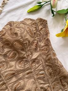 Soleia 女士無肩帶蕾絲束胸上衣，鏤空刺繡修身上衣，卡其色，夏季波西米亞風，優雅獨特，適合度假與夜晚場合 - 卡其色 - 查看 5