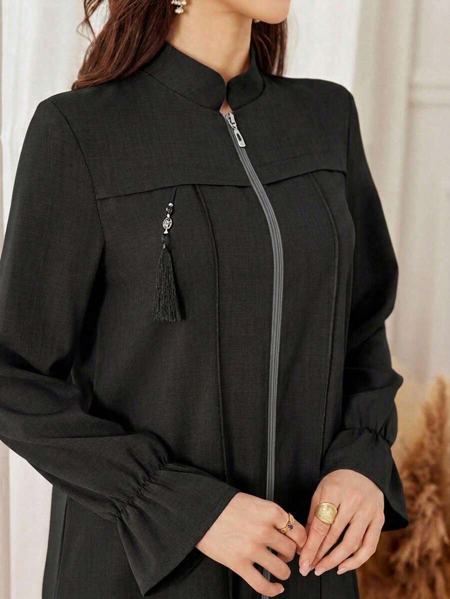 Yasmyna 紫色休闲宽松拉链女式长袍,适合秋冬季外出穿着 - 黑色 - 查看 1