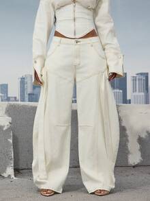 Denimoi 阔腿桶形牛仔裤 个性牛仔裤 时尚桶形牛仔裤 时尚牛仔裤 - 白色 - 查看 3