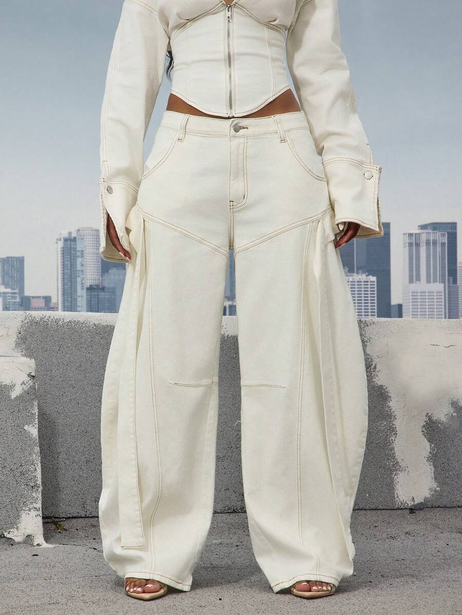 Denimoi 阔腿桶形牛仔裤 个性牛仔裤 时尚桶形牛仔裤 时尚牛仔裤 - 白色 - 查看 1