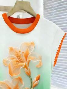 Resyla Camiseta casual de mujer con cuello redondo, ribete de contraste y estampado floral - Multicolor - Ver 5