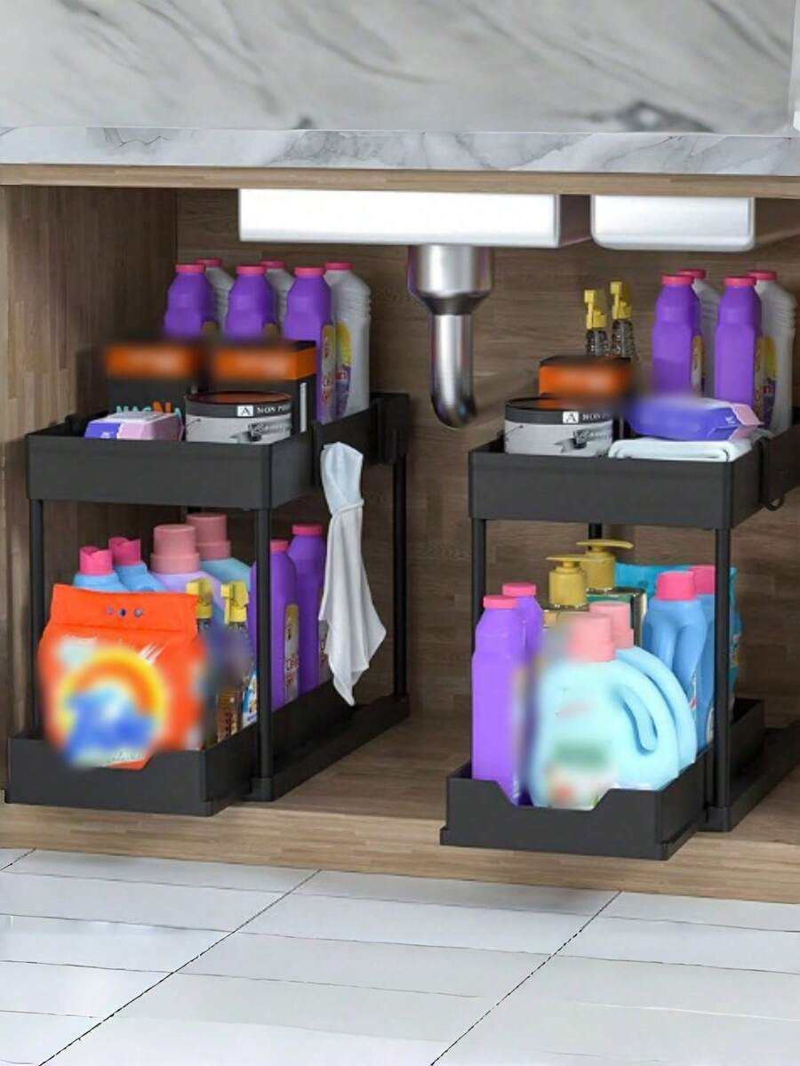1 Set, Under Sink Organizer, 2-Tier Sliding Cabinet Basket Organizer Drawers, Under Sink Organizers And Storage, Bathroom Kitchen Cabinet Organizer With Hooks Cup, The Bottom Drawers Can Be Slid Out, Kitchen Accessories,Storage,Kitchen Organiser,Kitchen Items,Room Decor,Home Decor. - Black - View 1
