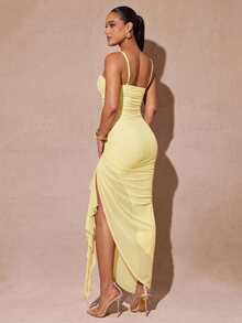 Silquee Elegant Pale Yellow Summer Seductive Party Dress, Ruffle High Slit Maxi Cami Bodycon Dress For Women,Valentine's Day,Date,Wedding Guest,Prom - Light Yellow - View 2
