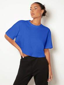 SHEIN BASICS 女士落肩纯色圆领短款T恤 - 藍色 - 查看 5