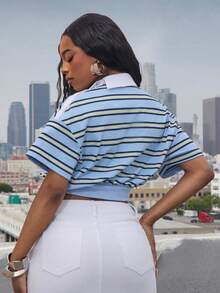 Denimoi Áo polo kẻ sọc cổ bẻ bất đối xứng, kiểu dáng thời trang đường phố, áo polo ngắn. - Màu xanh lam - Xem 5