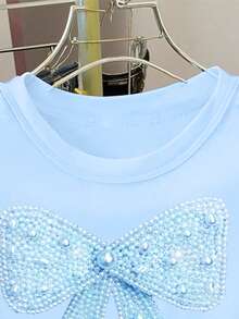 Spring And Summer Casual Fashionable Creative Personalized Fresh Elegant Minimalist Blue Faux Pearl Bow Design Print Basic Blue Short T-Shirt, Comfortable Daily Wear For Tween Girl, Suitable For Spring, Summer And Autumn - Blue - View 5