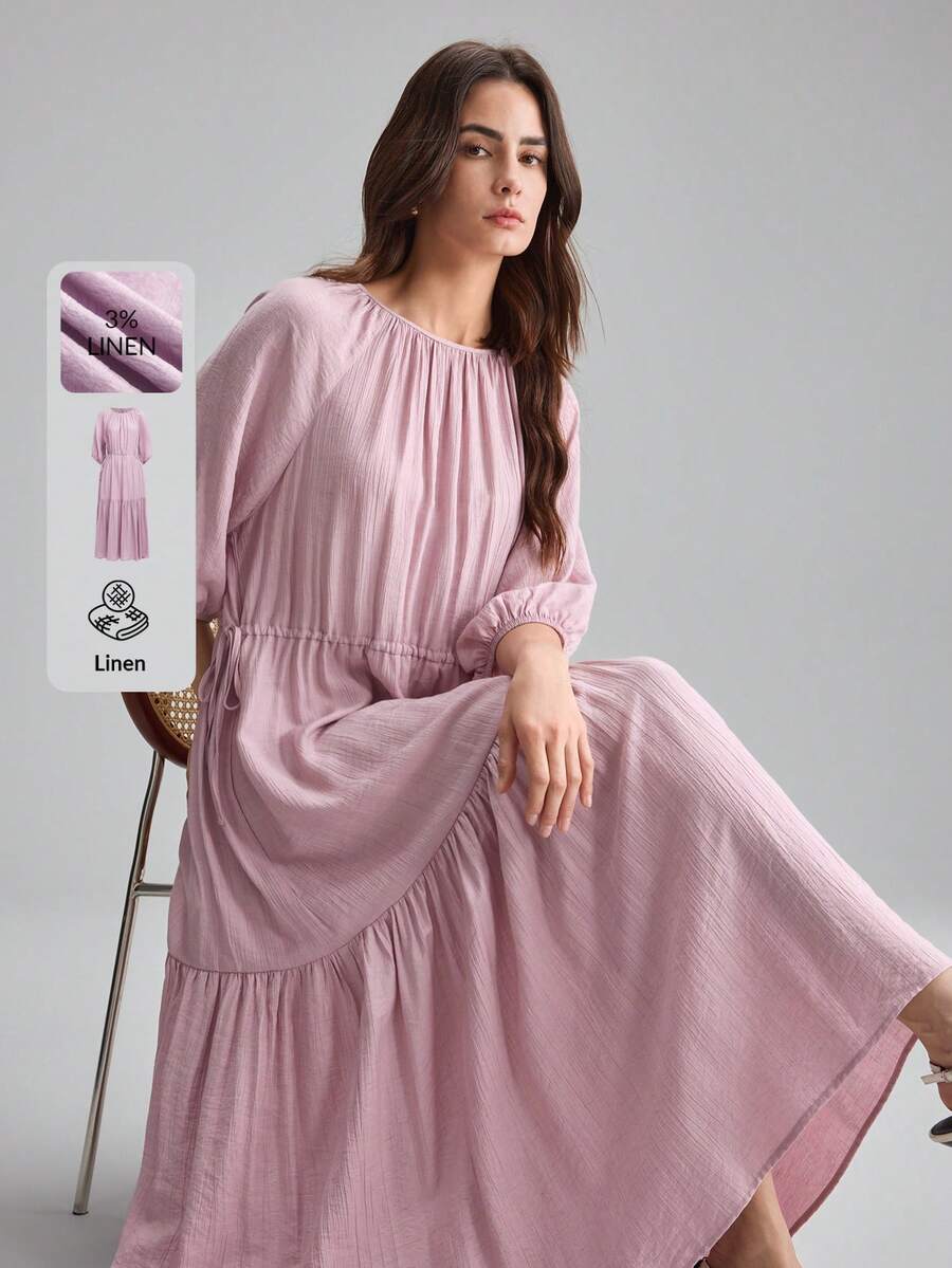 Ontre 亚麻女士舒适柔软桃花褶皱面料修身插肩袖露肩系带A字连衣裙，优雅休闲，适合邮轮度假、都市通勤、办公室穿着，四季皆宜，百搭夏季连衣裙，轻盈透气，适合波西米亚风度假、海滩度假、乡村音乐会、西部风情、游牧休闲等各种场合。 - 粉色 - 查看 1