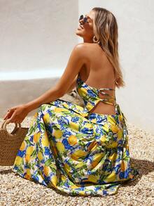 Vivid Eden Woven Printed Open Back Dress For Women,Women Summer Clothing,Vacation Style,For Beach Vacation - Yellow - View 2