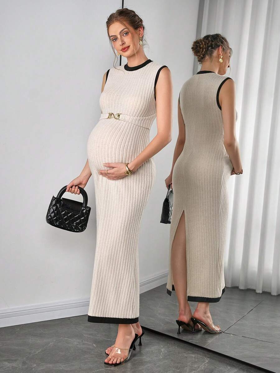 Momance Sleeveless Round Neck Maternity Dress With Metal Waist Buckle, Fitted Silhouette, Back Slit, Color Blocking - Apricot - View 1