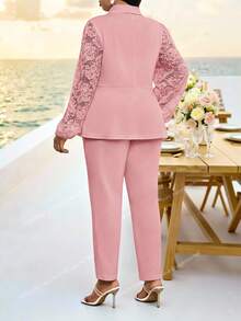 SHEIN Lady 大码女式蕾丝拼接长袖外套和裤子休闲套装 - 粉色 - 查看 2