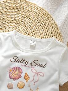 Emery Rose Kids Emery Rose Kids 两件套女童针织纯色贝壳图案圆领休闲T恤和荷叶边短裤套装 - 彩色 - 查看 6