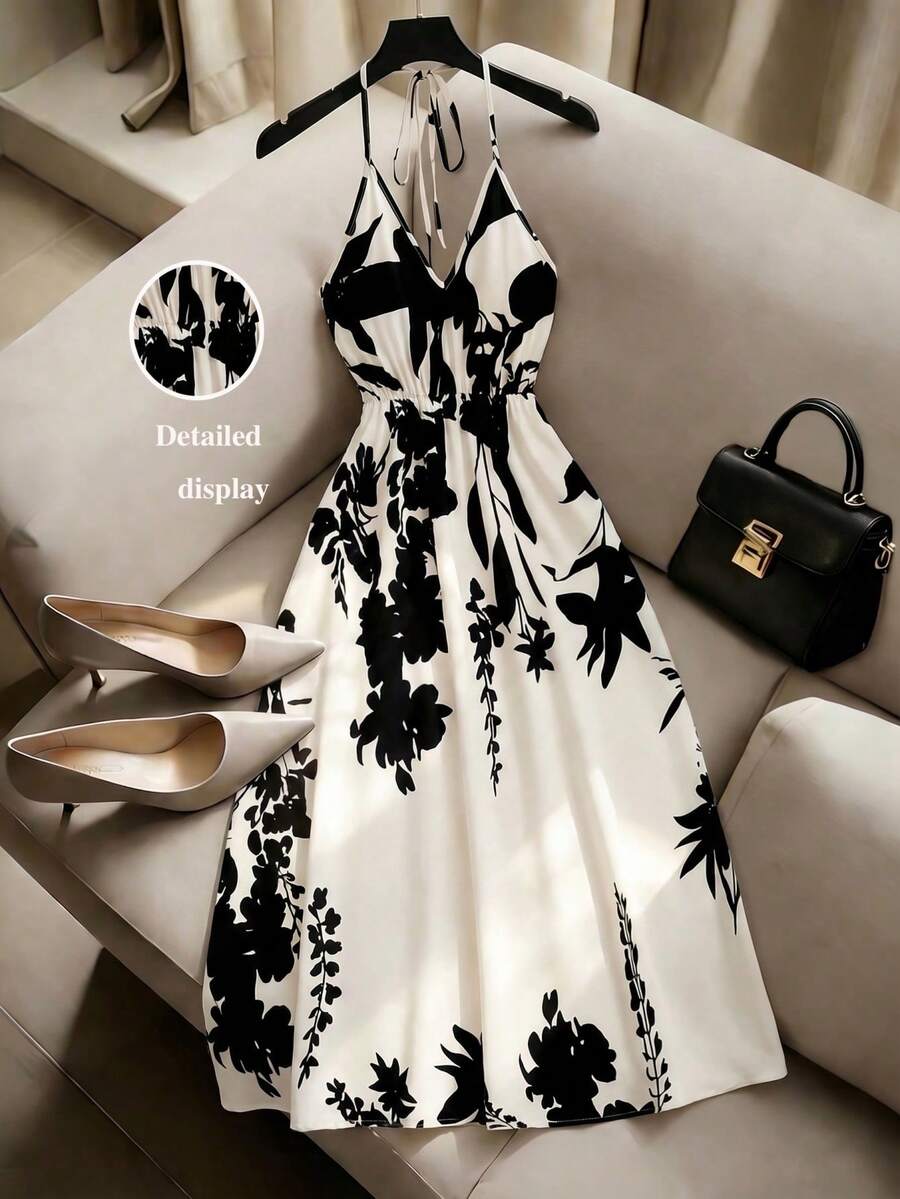SHEIN Franclia 女士V领露背吊带连衣裙，系腰蝴蝶结设计，数码印花梭织面料，A字廓形，适合日常穿着和海滩度假。这款连衣裙是女士夏季波西米亚风连衣裙，适合海滩度假穿着，也是女士夏季沙滩装的理想之选。 - 彩色 - 查看 1