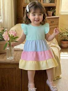 SHEIN Robe d'été pour bébé fille avec blocs de couleurs texturés, rayures et patchwork, ourlet à volants superposés, design de manches à volants doux, convient pour les fêtes d'été/les vacances - Multicolore - Voir 9