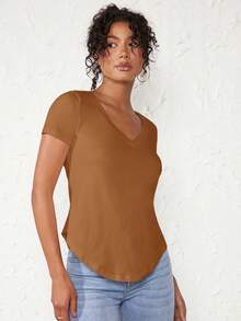 Blusa casual de mujer de manga corta con cuello en V de unicolor, para uso diario - Marrón Chocolate - Ver 11