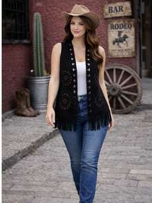 Chaleco Vaquero Moderno con Ruedo de Flecos y Calado Frontal MOD 2 - Negro - Ver 5