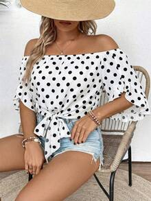 EMERY ROSE Plus Size Off-Shoulder Tie-Up Ruffle Flare Sleeve Blouse, Summer - White - View 4