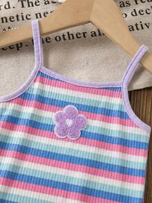 Babygirl Cute Casual Knit Striped Floral Pattern Camisole Romper - Multicolor - View 4