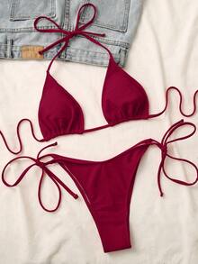 Swim Mod Bộ bikini hai mảnh buộc cổ màu trơn gợi cảm dành cho nữ mùa hè, kèm quần lót tam giác. - Màu Đỏ Sâu - Xem 3