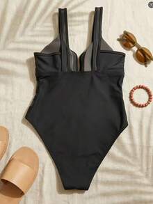 Swim Vcay 夏季海灘深V領露背網拼接一件式泳裝 - 黑色 - 查看 7