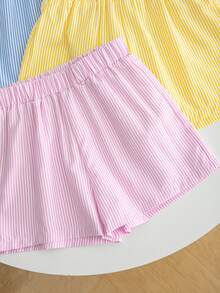 SHEIN Bộ 3 quần short dệt kẻ sọc dáng casual cho bé gái - Nhiều màu - Xem 7