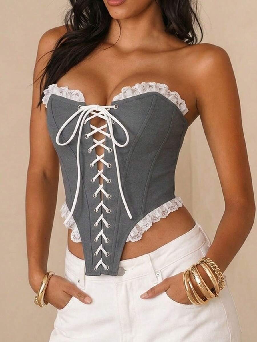 Glamine Top bandeau asymétrique pour femmes en patchwork de jean bleu sexy avec volants et laçage - Gris - Voir 1