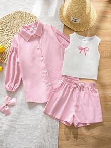 SHEIN 女童休闲条纹衬衫短裤套装 - 彩色 - 查看 4