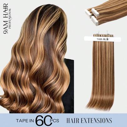 60 sztuk przedłużek do włosów na taśmie, 100% ludzkich włosów #P4/27, średni brąz i blond, proste, o długości 14-22 cali, jedwabiste, bezszwowe, niewidoczne, najwyższej jakości, grube końcówki, zdrowe, ludzkie przedłużki do cienkich włosów i do użytku w salonie