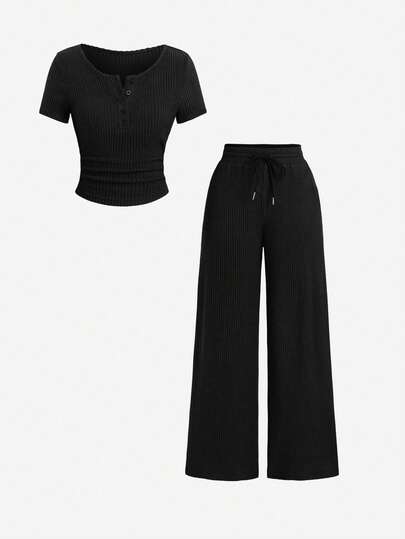 Sweetra Tall Bộ đồ gồm áo thun dài tay và quần ống đứng dệt kim kiểu dáng thường ngày, thích hợp đi làm và đi học, màu nâu caramel, size lớn, mùa thu/xuân.