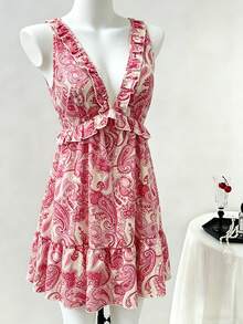 Olithes Đầm ngắn nữ mới, dây mảnh, cổ chữ V sâu, viền bèo nhún, thắt eo. - Nhiều màu - Xem 1