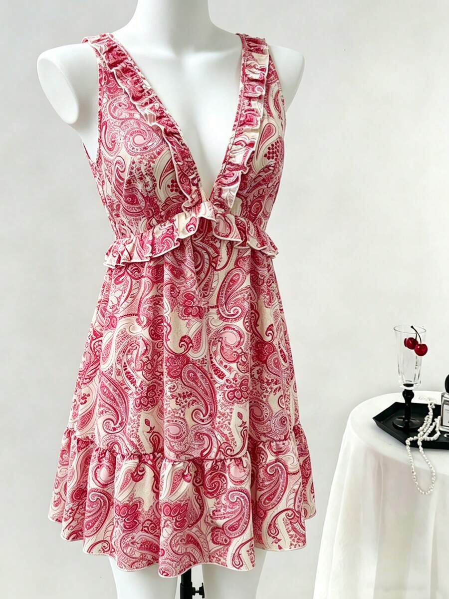 Olithes Đầm ngắn nữ mới, dây mảnh, cổ chữ V sâu, viền bèo nhún, thắt eo. - Nhiều màu - Xem 1