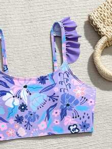 SHEIN 少女热带植物印花比基尼套装 - 紫色、粉色、白色、蓝色细肩带荷叶袖上衣，花卉印花三角泳裤，配套纱笼，带胸垫，款式保守舒适，时尚泳装，适合夏季度假、泳池、冲浪等场合。 - 紫色 - 查看 3