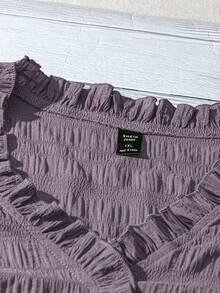 Linhara Plus Size Women's Solid Color Textured V-Neck Ruffle Trim Petal Sleeve Fitted Casual Regular Blouse - Dusty Purple - View 5