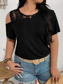 SHEIN LUNE CURVE Damen Große Größen Einfarbiges T-Shirt mit Kontrast-Spitze, Ausschnitt an den Schultern und Kurzarm, modisch - Schwarz - Übersicht 7
