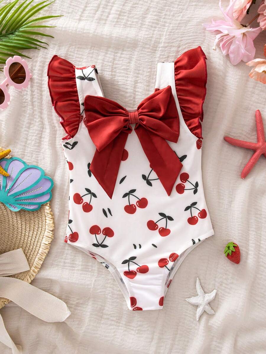 SHEIN 少女樱桃印花蝴蝶结装饰连体泳衣,适合海滩度假、泳池派对、沙滩派对 - 彩色 - 查看 1