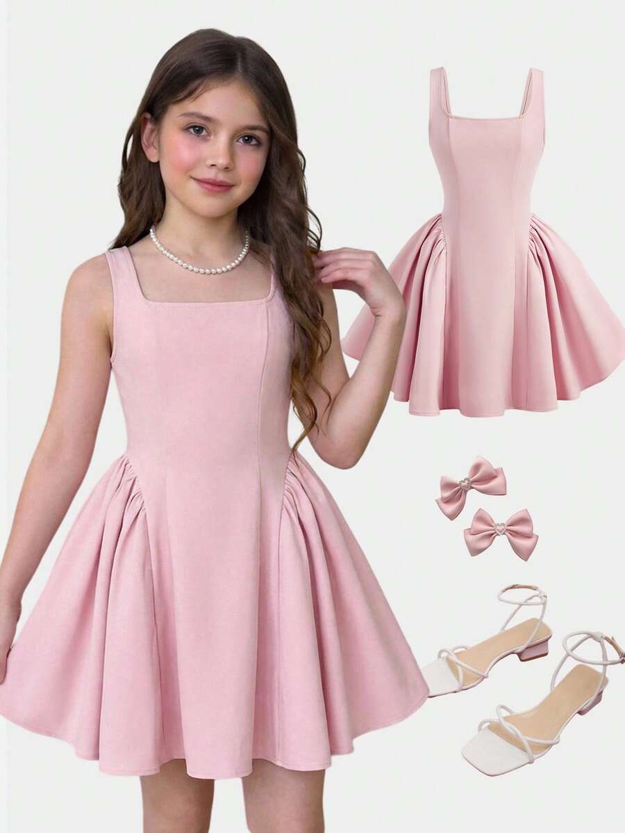 Girlism Tween Girls Sleeveless Dusty Pink Square Neck Mini Dress,Summer Elegant Party Princess Dress,Waist Cinched Solid Color Pleated Flower Girl Dresses - Pink - View 1