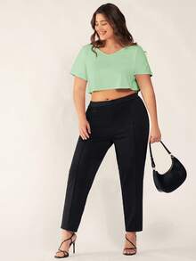 SHEIN BASICS 大码女式纯色休闲百搭日常T恤 - 綠色 - 查看 4