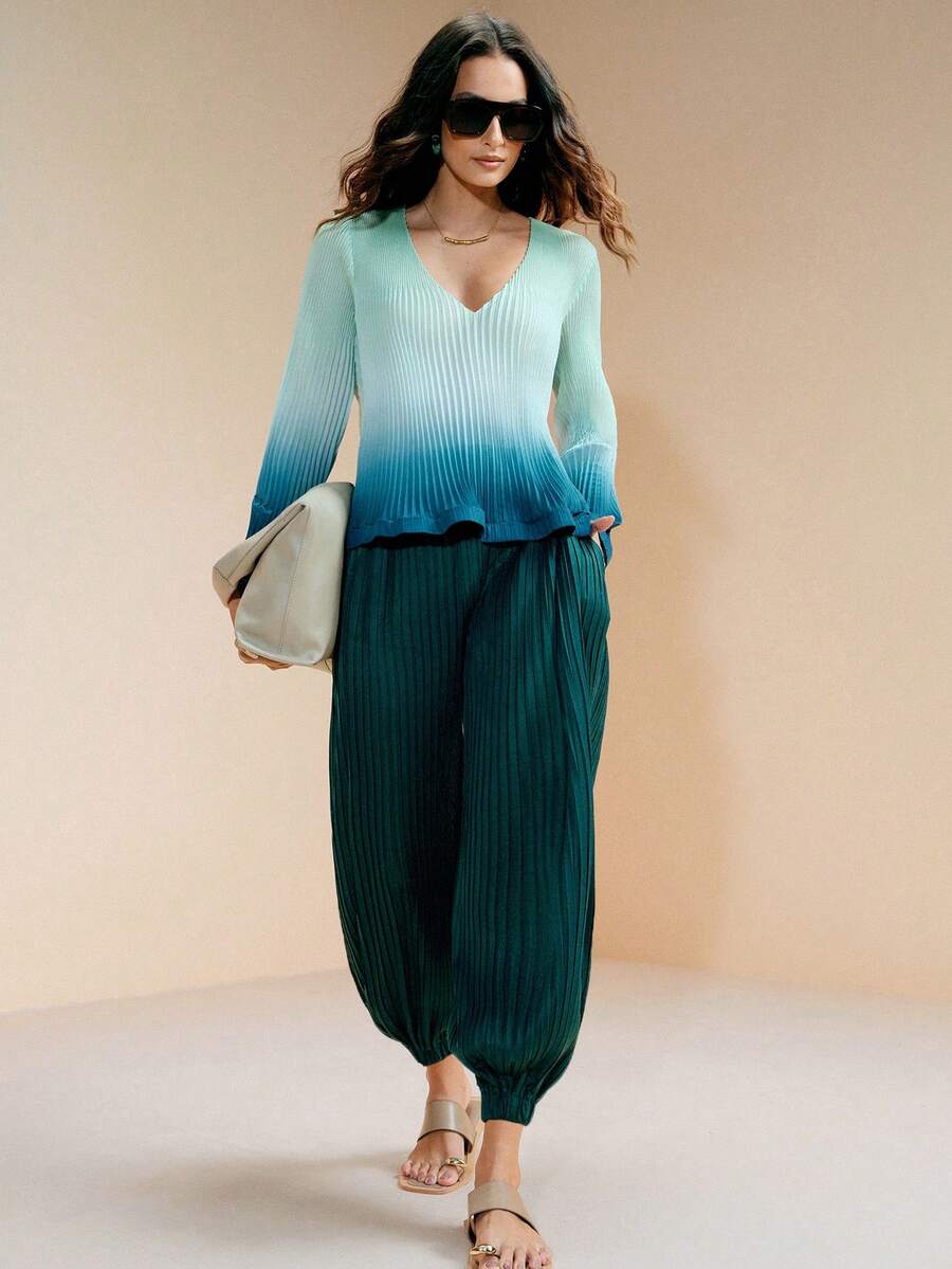 Women's Pleated Pocket Casual Versatile Daily Wear Lantern Pants - Green - View 1