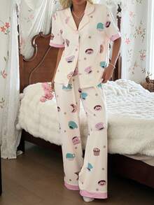 SHEIN 2pcs/Set Girls' Cute Print Short Sleeve Top And Pants Casual Pajamas, Spring/Autumn - Apricot - View 7