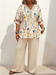 Momelise Plus Size Summer Women's Floral Printed Lace Mesh Sleeve Top And Pants Two Pieces Set,Summer Vacation Casual Two Pieces Set Gym Brown - Apricot - View 6