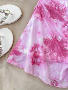 SHEIN 少女休闲度假印花褶皱胸部吊带连衣裙，夏季 - 粉色 - 查看 5