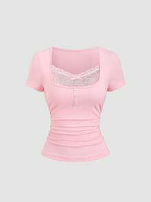 Sweetra Y2K Casual 2 In 1 Collegiate Style Vacation Versatile Top - Pink - View 3