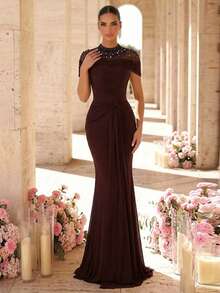 Serin Váy đuôi cá xếp ly tay bồng bằng vải thun co giãn, họa tiết kim cương sang trọng, thích hợp cho đám cưới, tiệc tùng, lễ hội, dạ hội, hoặc váy dạ hội dành cho mẹ cô dâu. - Màu Đỏ Sâu - Xem 5