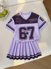 Conjunto de camiseta de manga corta y falda estampada en morado para niñas (talla pequeña) - Morado - Ver 7
