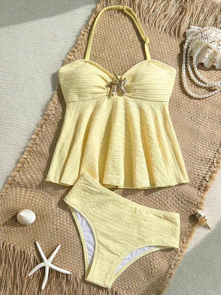 SHEIN 少女纯黄色金属海星纹理针织吊带泳衣套装，夏季度假沙滩装，泳装，适合度假和假日夏季沙滩穿着，黄色泳衣，黄色上衣沙滩泳装，复古泳装，两件套夏季套装，浅黄色泳衣，夏季服装泳装 - 黃色 - 查看 1