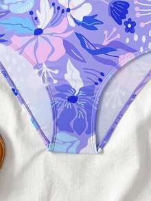 SHEIN 少女可爱简约紫色拼接印花针织数码不对称吊带镂空腰部连体泳衣，时尚休闲优雅女士款，适合游泳、夏季度假、海滩、泳池、节日派对等场合。 - 紫色 - 查看 5