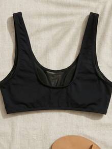 SHEIN Swim Women One-Piece Plain Black & Mesh Swimsuit Top, Suitable For Beach Holiday For Summer Beach Vacation - Black - View 7