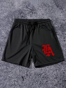 Manfinity Campus Court Pantalones cortos casuales de hombre con cordón y estampado de letras, para verano - Negro - Ver 2