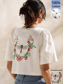 Easelle 女士夏季休闲度假风刺绣花瓣袖打结前襟T恤 - 白色 - 查看 4