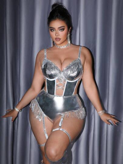 3件套加大码性感钢圈连体衣套装