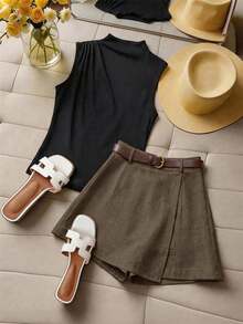 SHEIN Franclia 女士休闲优雅黑色立领无袖上衣+卡其色宽松七分裤，附赠腰带，适合日常穿着/教师节/商务场合/通勤穿搭 - 黑色 - 查看 3